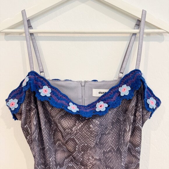 Danielle Guizio Mesh Crochet Knit Floral Bodycon Snakeskin Mini Dress Blue Large - Picture 4 of 11